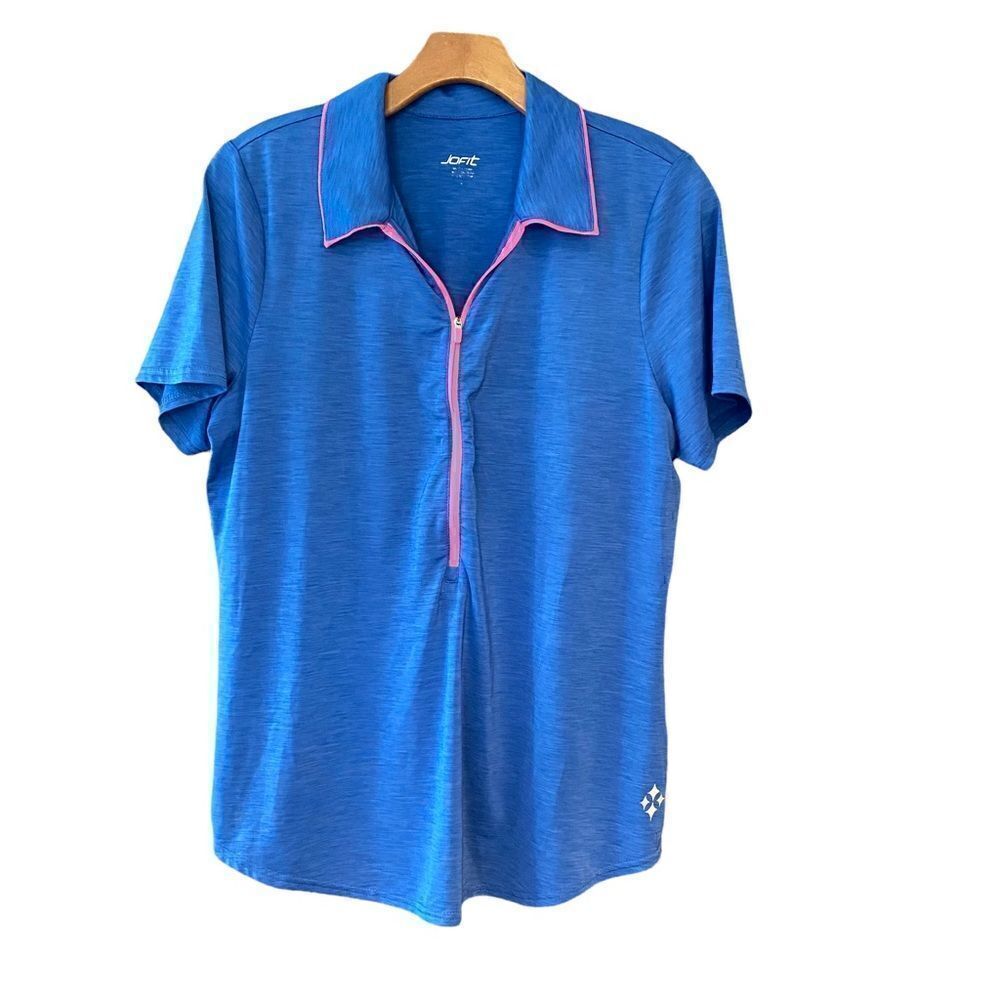 Jofit Sz L Blue Pink Zipper 1/4 Zip Short Sleeve Golf Tennis Athletic Polo